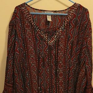 5x multi colored & patterned blouse. Lace up & beaded neck line.  Pleated